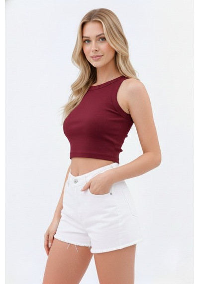 Zedefx Kadın Halter Yaka Pencere Detaylı Crop Bluz bordo