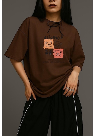 Ayıcık Baskılı Unisex Oversize Tişört Kahverengi