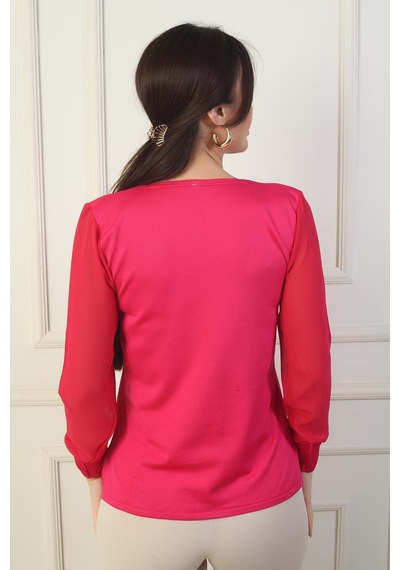 By Saygı Kadın Merdiven V Yaka Kolları Şifon Kazak-39611 Fuşya