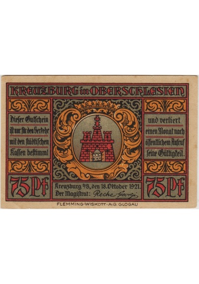 Almanya 75 Pfennig 1921 Notgeld-kreuzburg-yukarı Silezya. Çil.