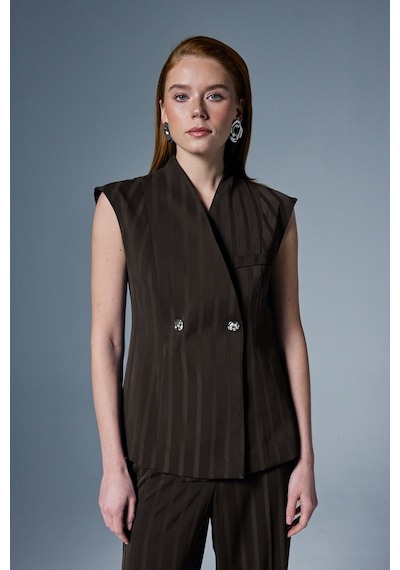 Sateen Anna Çizgili Yelek - Kahve-137068 Kahve