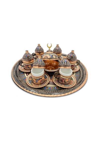 Kahve Fincanı 6 Kişilik İşlemeli Set Bakır Yuvarlak Tepsili Çok Renkli