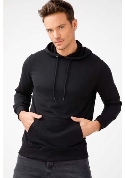 Igs İgs Erkek Siyah Modernfıt / Ekstra Dar Kalıp Kapşonlu Fermuarsız Sweatshirt Siyah