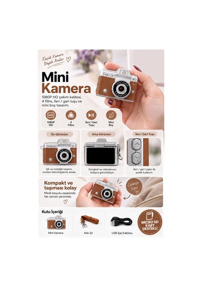 Mimtec Blm-110 Mini Retro Dijital Kamera - Flaşlı Katlanabilir Ekran 1080p Hd Video Selfie Vlog Kamerası Kahverengi