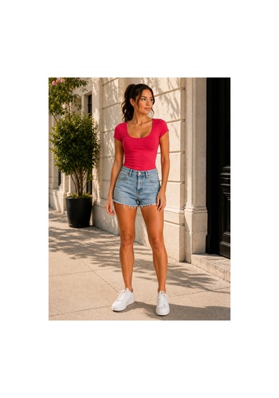 Mixxtrend Kadın Lcyralı Ön Arka Yuvarlak Yaka Body Form T-shirt Pembe