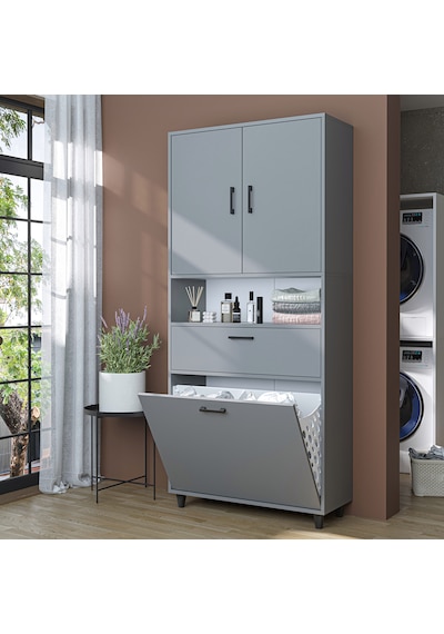 Çamaşır Sepetli Banyo Dolabı, Çok Amaçlı Dolap 90 X 200, Roomart Kül Gri