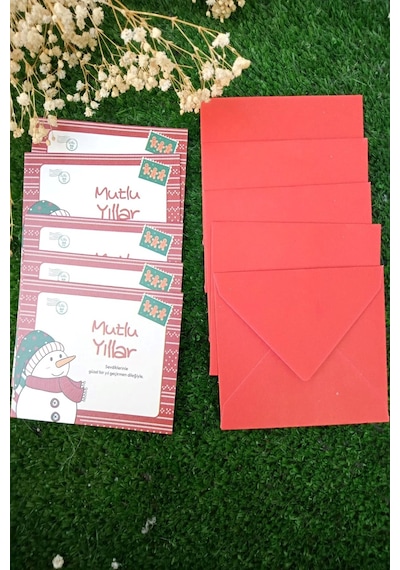 20 Adet Kırmızı Zarflı Kardan Adam Yılbaşı Tebrik Kartı - Yılbaşı - Zarflı Kartpostal 9x6cm