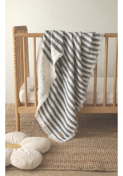 Bebek & Çocuk İçin % 100 Pamuk 4 Katlı Müslin Örtü Antrasit Çizgili 110x110 CM