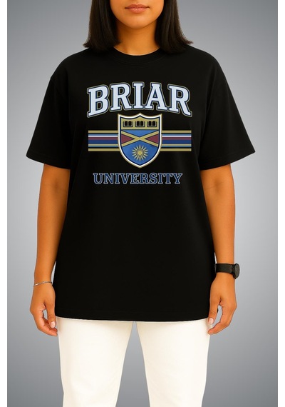 Bahriyeli Collection Oversize Off Campus Briar University Göğüs Baskılı Beyaz Unisex T-shirt Siyah