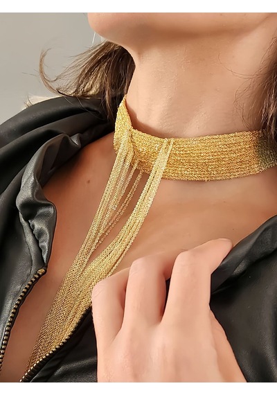 15 Sıralı Zincir V Model Dokuma Sallantılı Vücut Tasma Choker El Yapımı Altın Renk Kolye Gold