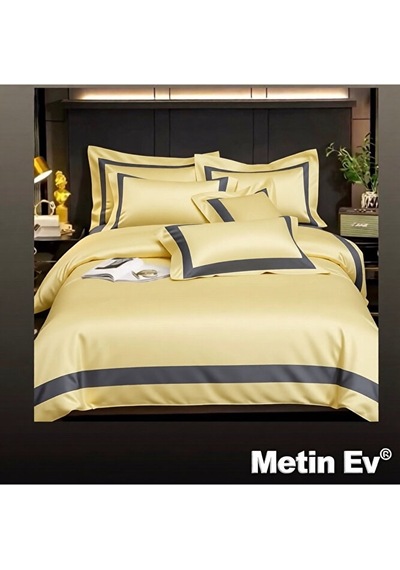 %100 Pamuk Saten 6 Parça Tek Kişilik Premium Nevresim Takımı Sarı