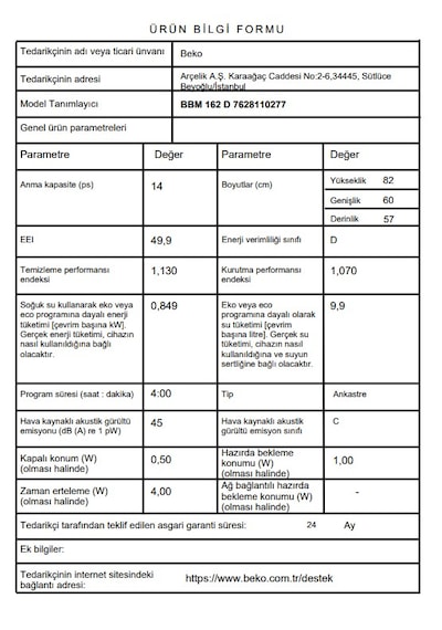 Beko BBM 162 D 6 Programlı Ankastre Bulaşık Makinesi