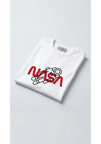 Unisex Düz Renk Nasa Dijital Baskılı Bisiklet Yaka Basic Tişört Beyaz