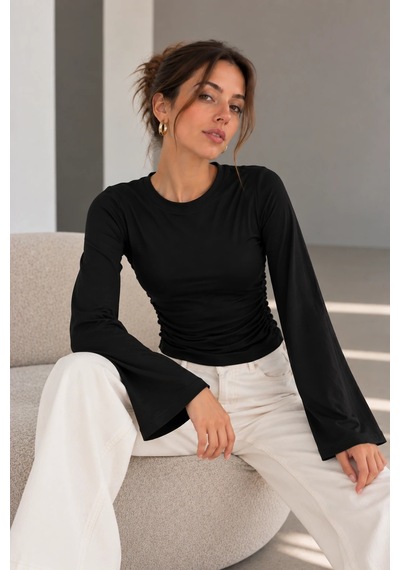 Bb Butik Basic Yan Büzgülü İspanyol Kol Basic Kadın Bluz My3535 siyah