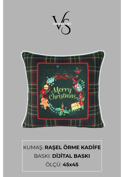 Kırlent Kılıfı Yılbaşı Temalı Merry Christmas 45x45 Raşel Örme Kadife Dijital Baskı Beyaz Biyeli Çok Renkli