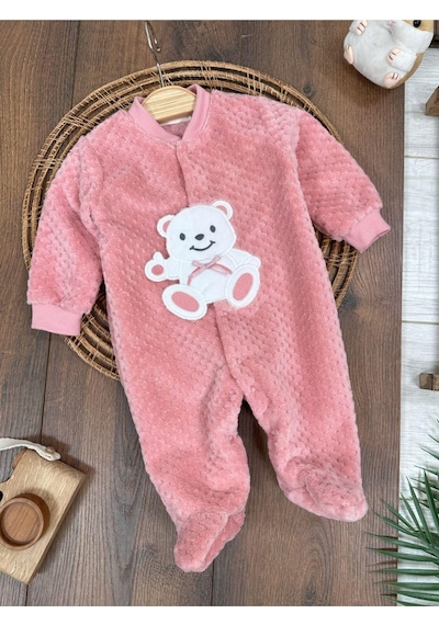 Bebicix Peluş Ayıcık Nakışlı Patikli Çıtçıtlı Kışlık Erkek Bebek Tulum Pembe