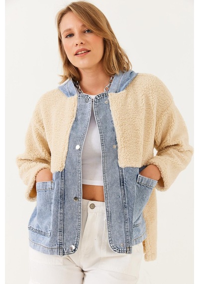 Shade Kadın Kapüşonlu Denim Detaylı Peluş Ceket 60251807 - Bej