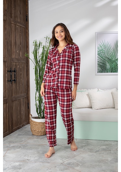 Düğme Kapanma Detaylı Kare Desenli Kadın Pijama Takımı Kırmızı