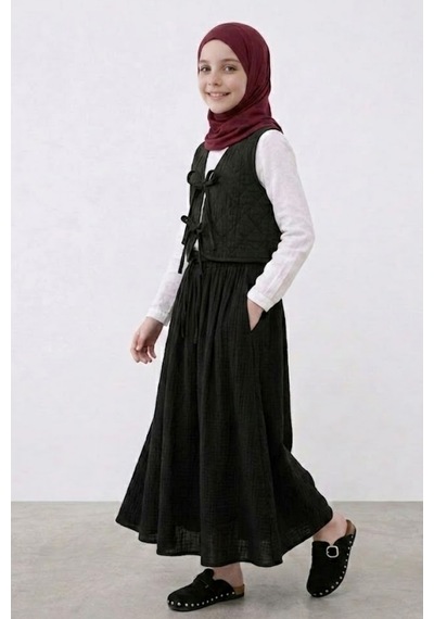 Angel&co. Girls Clothing Siyah Kız Çocuk Müslin Kapitone Yelek Etek 2'li Takım Siyah Siyah