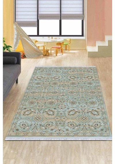 Turkuaz Vintage Dokuma Pamuk Taban Kaymaz Kilim Klm303n11