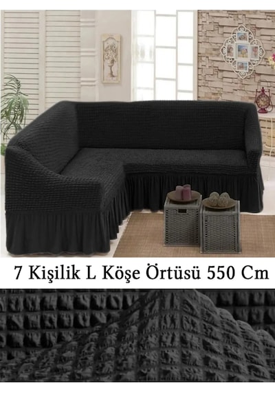 Upmall Bürümcük 7 Kişilik Köşe Koltuk, Kanepe Örtüsü, Koltuk Kılıfı, Lastikli, Etekli, L Köşe 550 Cm Siyah Siyah