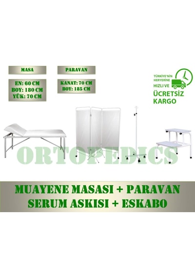 4'Lü Revir Seti Muayene Masasi + Paravan + Serum Askisi + Eskabo