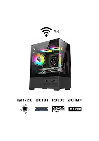 Ramtech Runner R5-5500 32 GB 500 GB M2 SSD 8 GB RX580 Free Dos Masaüstü Oyuncu Bilgisayarı