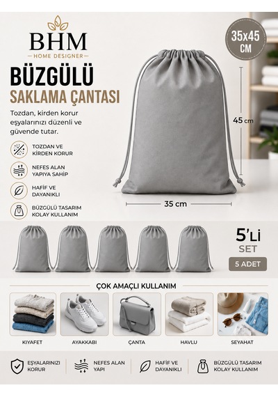 5'li Büzgülü Saklama Çantası 35x45 Cm Nefes Alan Ayakkabı Kılıfı Toz Koruyucu Organizer Gri