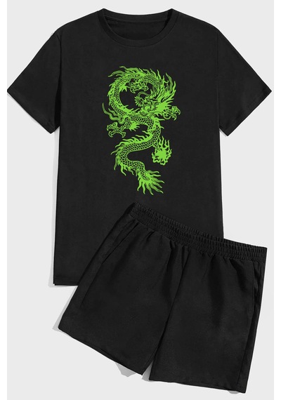 Uyguntarz Chinese Dragon Baskı Şort Takım Siyah
