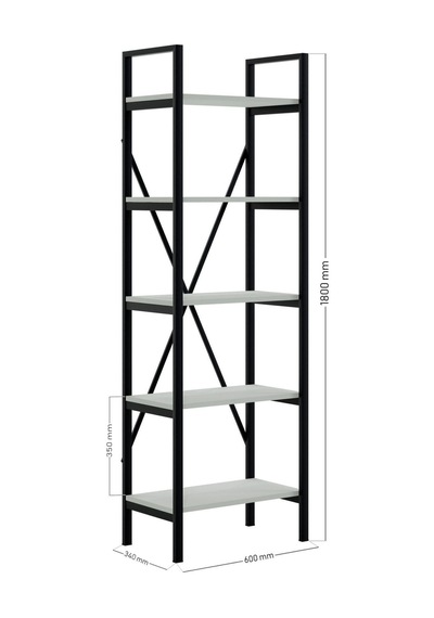 Ceramical 5 Raflı Metal Kitaplık Beyaz - Siyah 60 x 180 CM