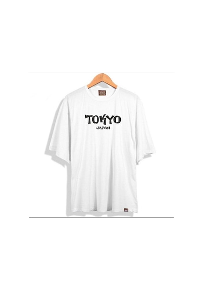 Flood Of Style Erkek Beyaz Tokyo Baskılı Oversize Bisiklet Yaka Tshirt