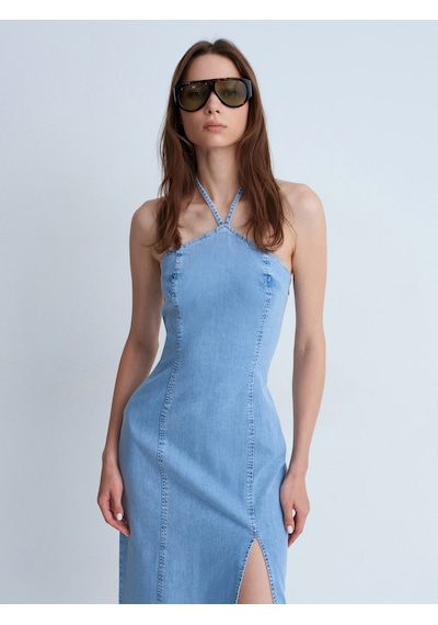 Dilvin 90580 Boyundan Bağlamalı Midi Denim Elbise-mavi