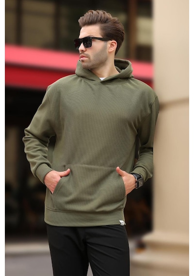 Madmext Haki Kapüşonlu Cep Detaylı Sweatshirt 7095 Haki