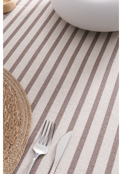 Kahverengi Çizgili Keten Runner 40x140 Cm - Yumuşak Dokulu Kahverengi