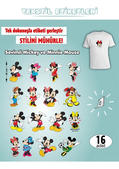 Ütü İle Yapışan Kıyafet Etiketi Mickey Ve Minnie Mouse 16lı Set Karışık