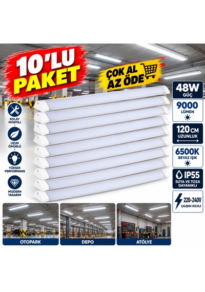 10'lu Paket 48w Led Bant Armatür 120 Cm 6500k Beyaz Işık 5800 Lümen Ip55 Yatay Tavan Aydınlatma Çok Al Az Öde