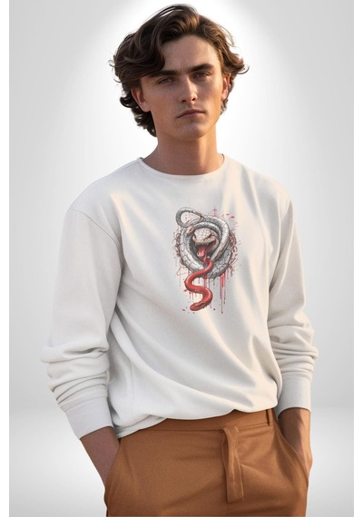 Beyaz Ve Kırmızı Yılan Unisex Beyaz Baskılı Sweatshirt Beyaz