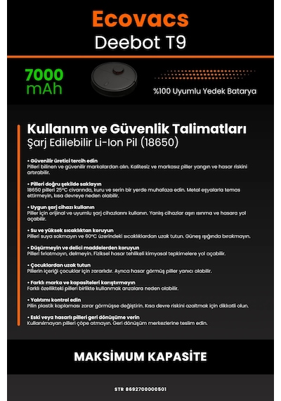 Ecovacs Deebot T9 Uyumlu 7000mah Robot Süpürge Bataryası - Maksimum Kapasite