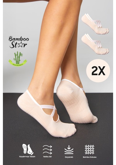 Bamboo Star Bambu Kadın Toz Pembe Kaydırmaz Taban Silikon Baskı Pilates Yoga Fitness Aktivite Babet Çorabı 2'li Açık Pembe