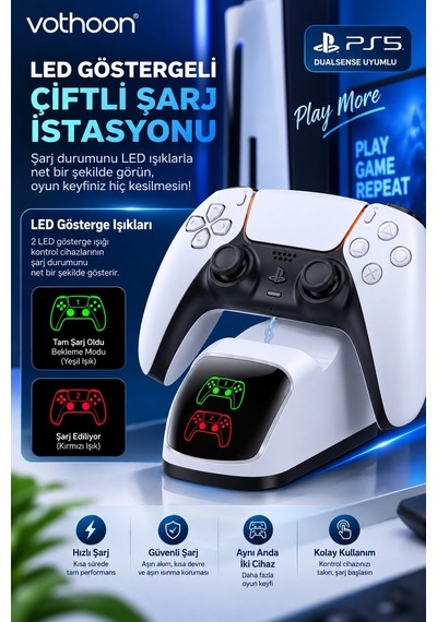 Ps5 Dualsense Uyumlu Çiftli Şarj İstasyonu Hızlı Şarj Standı Led Şarj Göstergeli