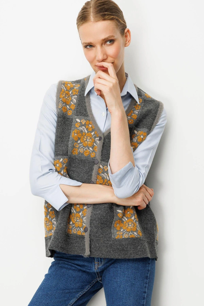 Desen Triko Kadın Pıtırcık Çiçekli Patchwork Keçe Yün Yelek Füme Hardal Füme Hardal