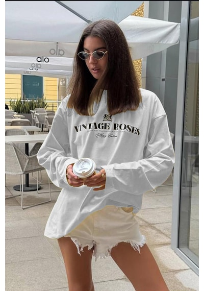 Madmext Beyaz %100 Pamuklu Baskılı Uzun Kollu Tişört Mg2451 Beyaz