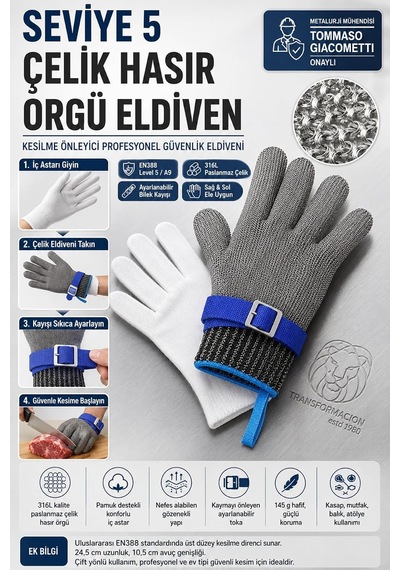 Seviye 5 Çelik Hasır Örgü Kasap Eldiveni - Paslanmaz Çelik Kesilme Önleyici Mutfak Ve Et Kesim Eldiveni 723464