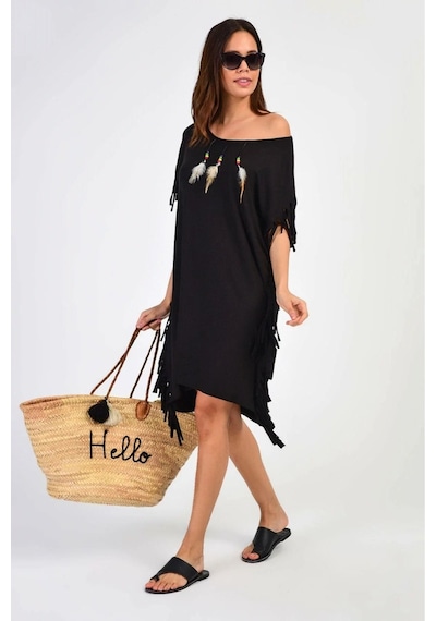 Aqe Fashion Kadın Geniş Yaka Kuş Tüyü Desenli Paça Püsküllü Siyah Elbise Siyah