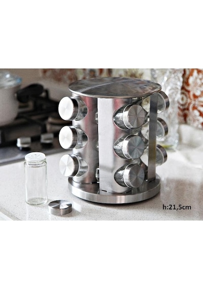12'li Döner Metal Stantlı Cam Baharatlık Tuzluk Biberlik Seti