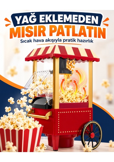 Nostaljik Arabalı Patlamış Mısır Makinesi Kırmızı