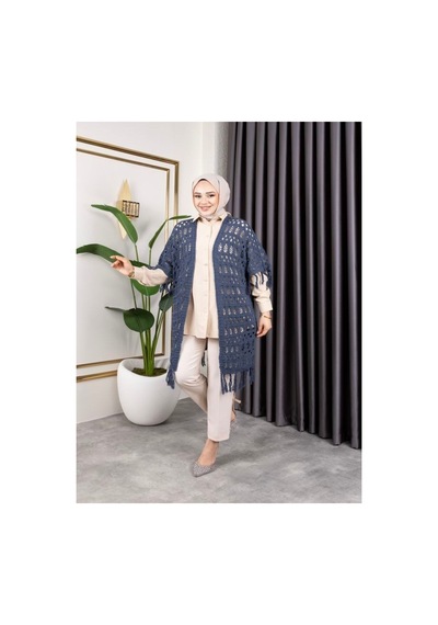 Hira Life Fashion Kadın Mevsimlik Saçaklı Ve Ajurlu Pamuk Triko Hırka Mavi Mavi