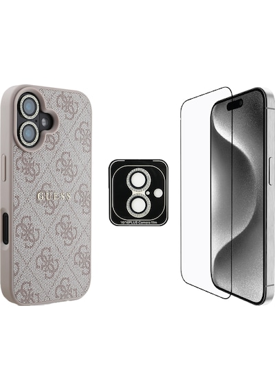 Apple Uyumlu iPhone 16 Guess Lisanslı 3'lü Aksesuar Seti Kılıf-ekran Koruyucu-lens Koruyucu Pembe