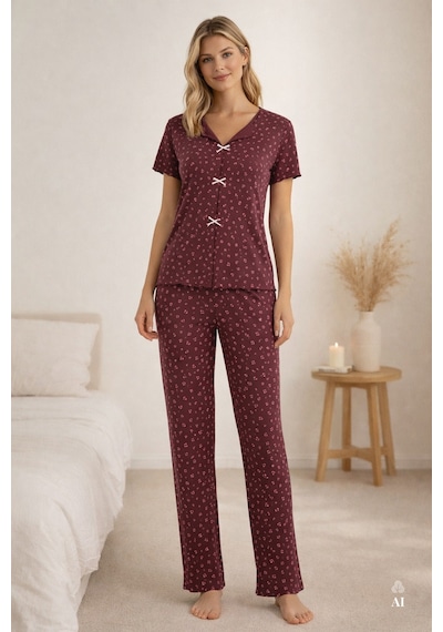 Koza İç Giyim Kadın Kısa Kollu Fiyonklu Fitilli Pijama Takımı Kk30131 Bordo - Pembe