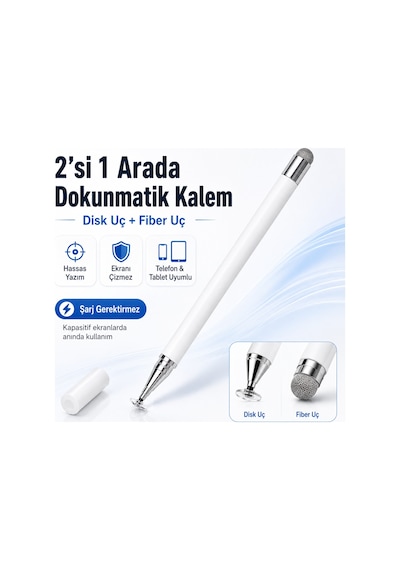 Samsung Galaxy Tab A11+ Plus X230 İle Uyumlu Çift Uçlu Dokunmatik Kalem Disk Fiber Uç Beyaz